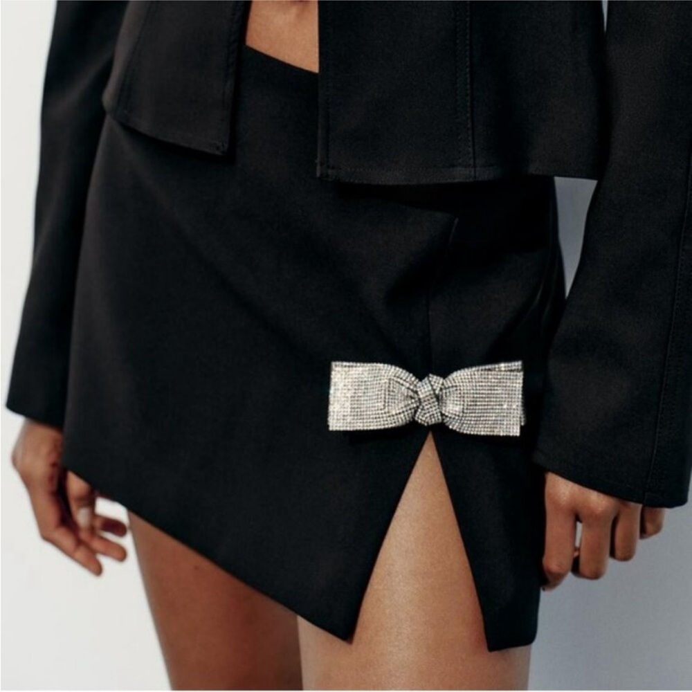 Zara Black Skirt with Rhinestone Bow Accent